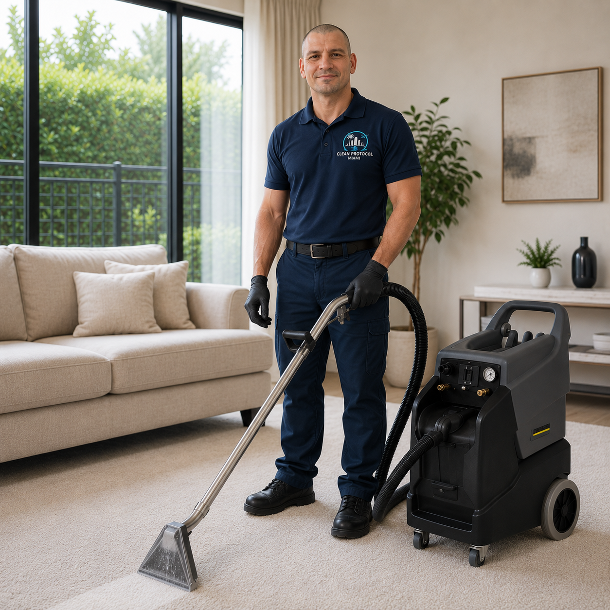Professional cleaner carefully cleaning a bright residential living room